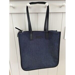 Vtg 90s Liz Claiborne Shoulder Tote Bag Womens Blue Denim Faux Leather Purse